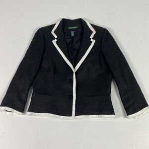 Lauren Ralph Lauren Blazer Womens 8 Black Linen Acetate Short Lined Tailored
